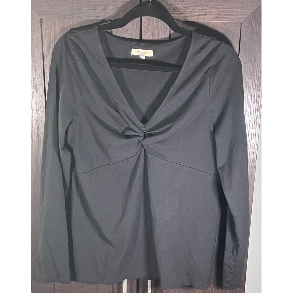 Madewell Women XL Black Long Sleeve Twist Front V-Neck Knit Top